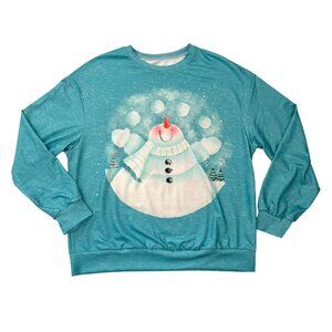 Snowman Teal Sweatshirt XL Winter Holiday Lightweight Cozy Top